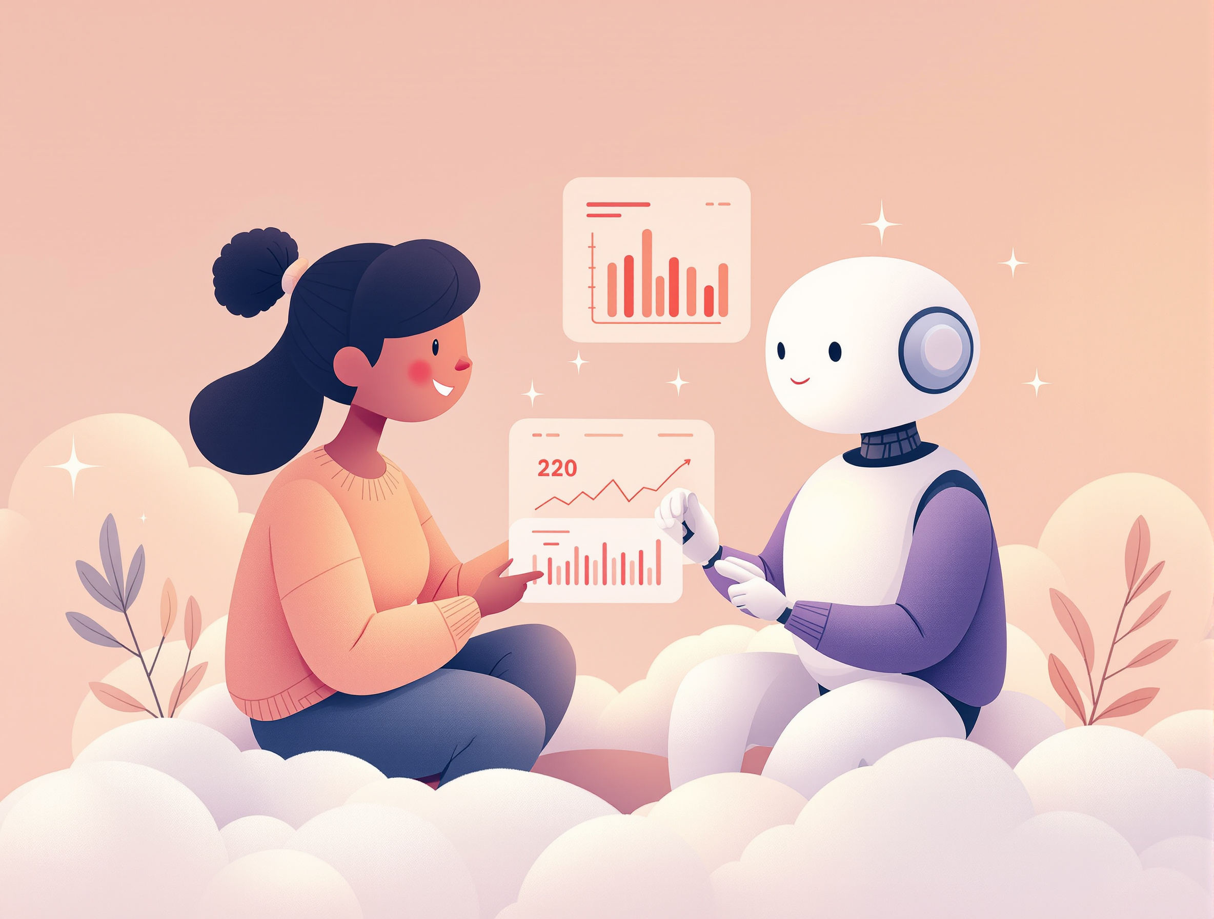 A person and a friendly AI companion working together over data dashboards on a cloud